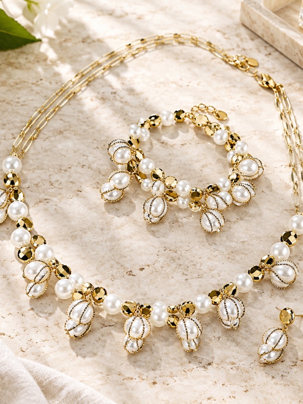 Gold & White Pearl Charm Necklace,stretch bracelet and lever back earring